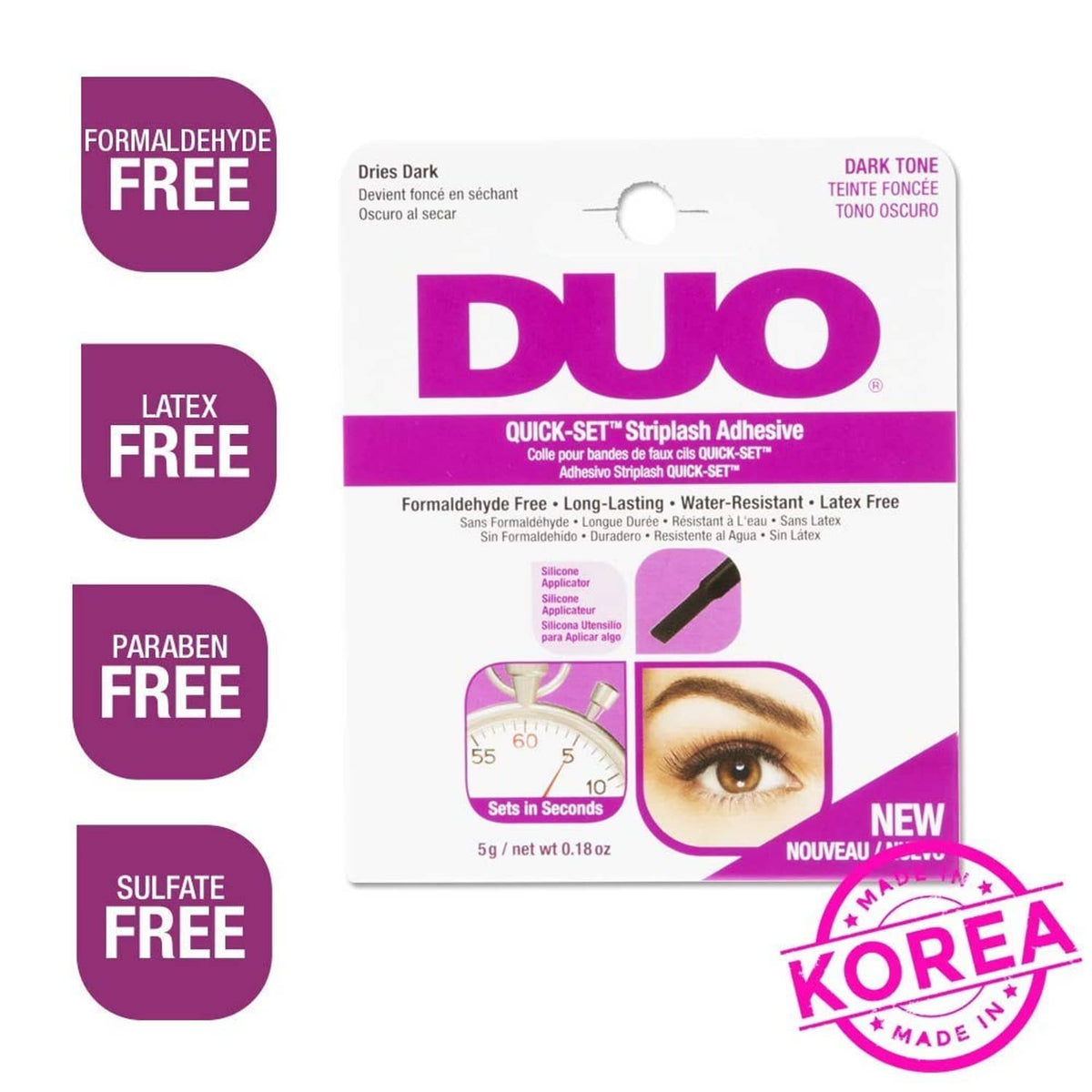 DUO dark-tone strip lash adhesive back with latex-free and formaldehyde-free claims
