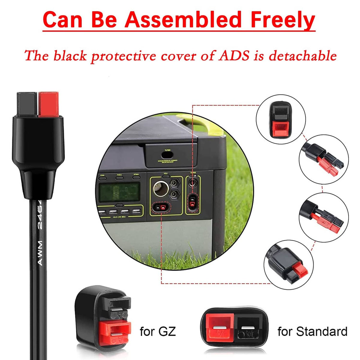 Black solar connector Y splitter with detachable protective cover and red port switches