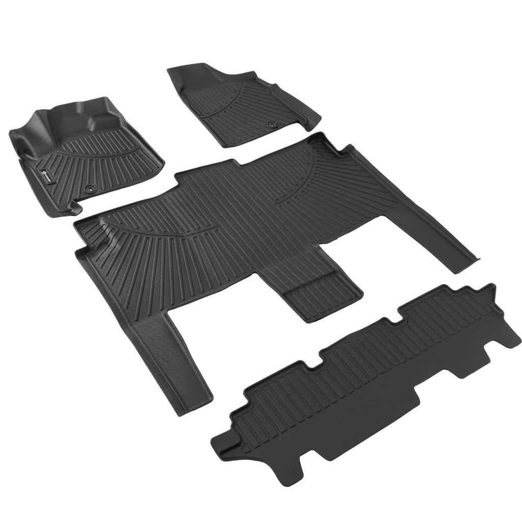 3-row car floor mat set in dark gray rubber, molded pattern with raised traction fins