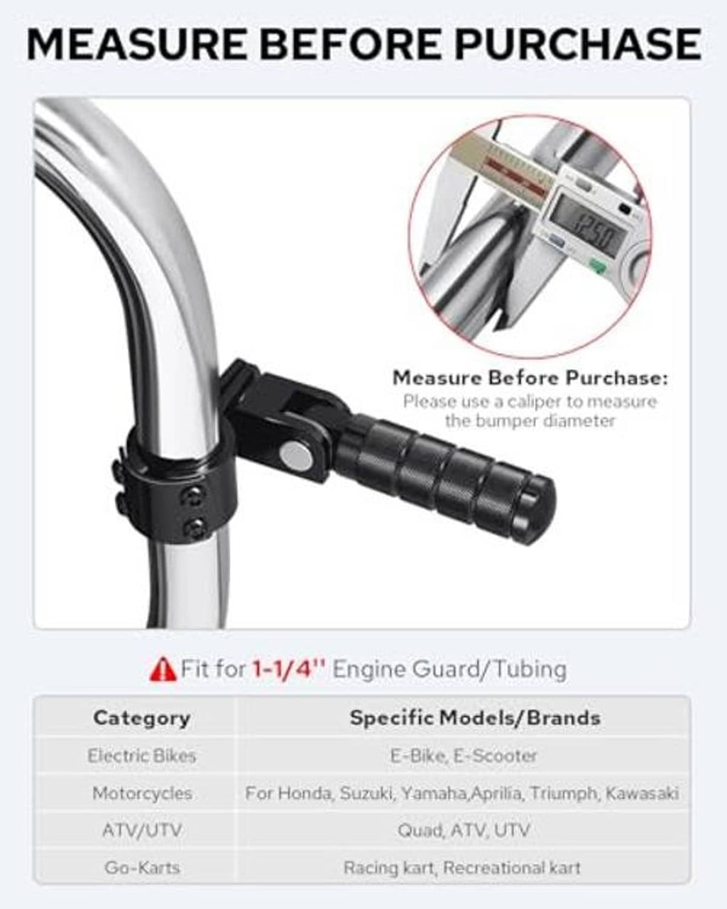 Black foldable footpeg clamp mounted on a tubular motorcycle bar