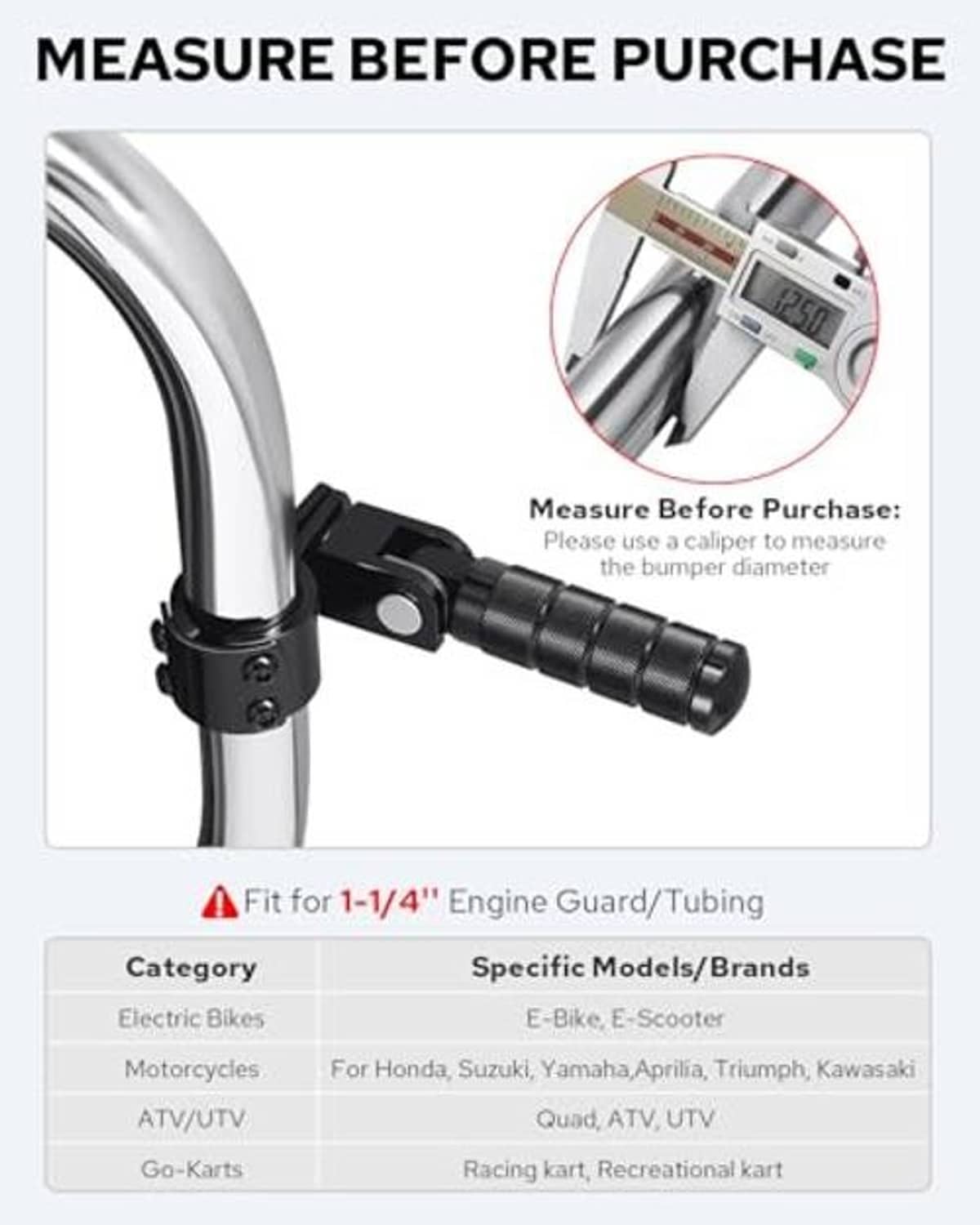 Black foldable footpeg clamp mounted on a tubular motorcycle bar