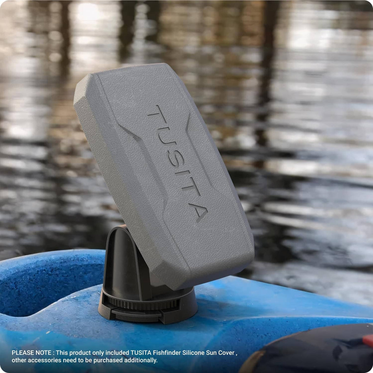 Gray protective cover mounted on a stand base for a fishfinder display