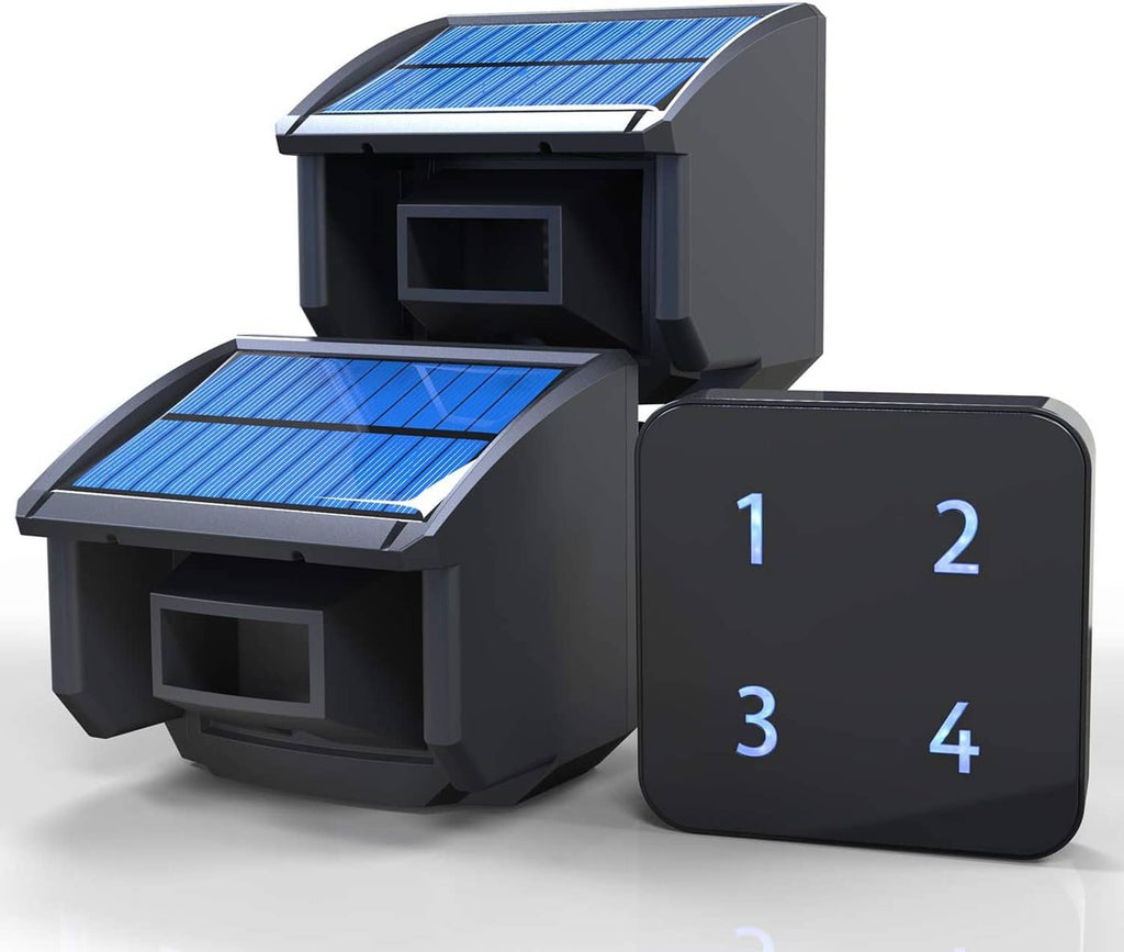 Solar driveway alarm system featuring two black solar sensors and a wireless receiver keypad 1–4
