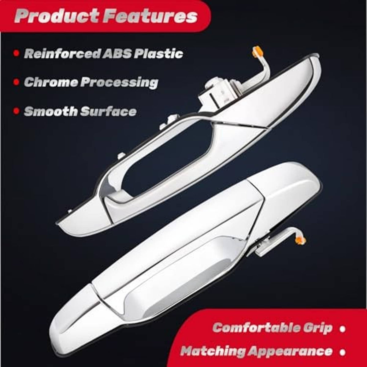 Pair of silver chrome door handles with keyhole opening and raised grip