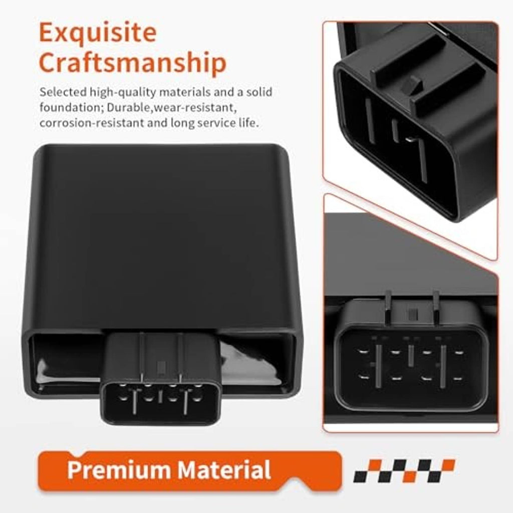 Black ignition control module with two front connector views on info graphic
