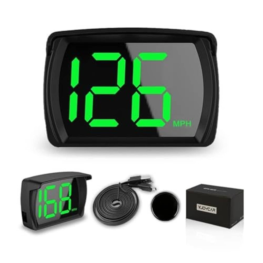 Black HUD GPS digital speed meter with green MPH digits in a wide housing