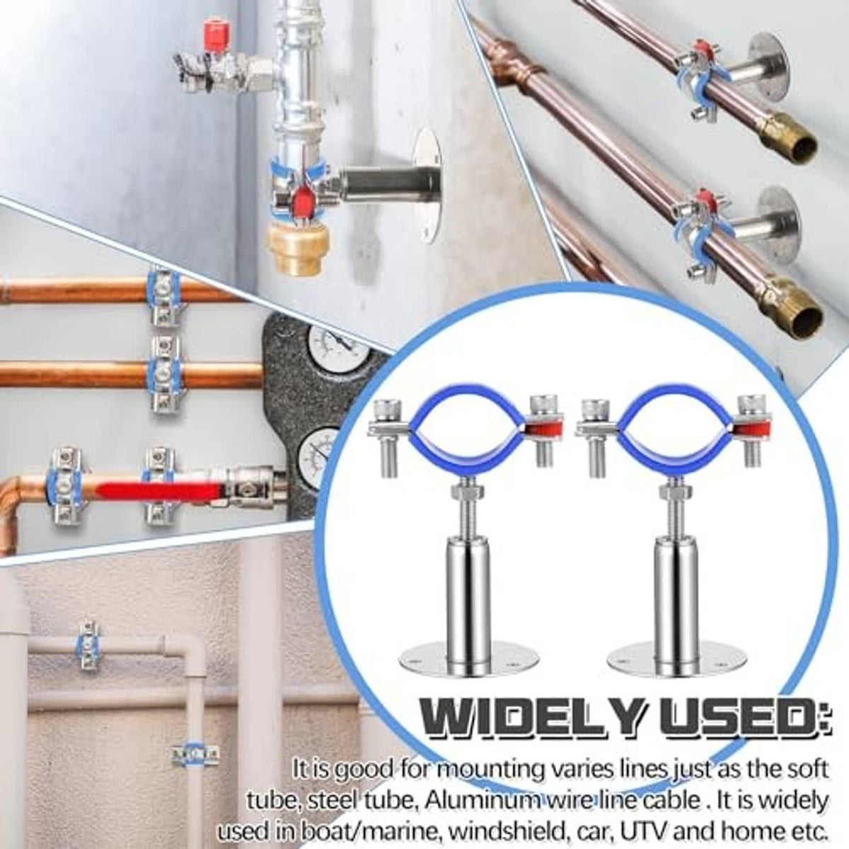 Pair of stainless steel pipe support brackets with blue silicone clamps for tubing