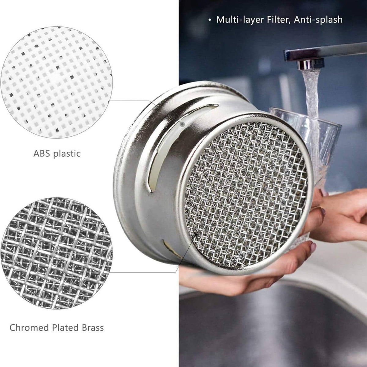 Chrome faucet aerator with anti-splash mesh filter and multi-layer screen