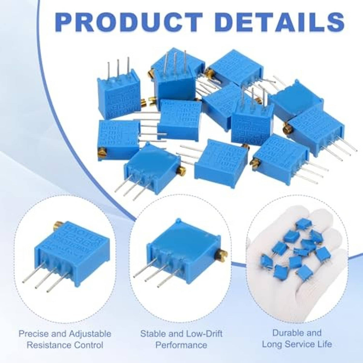 Blue multiturn trimmer potentiometer set with gold posts and three-pin housings