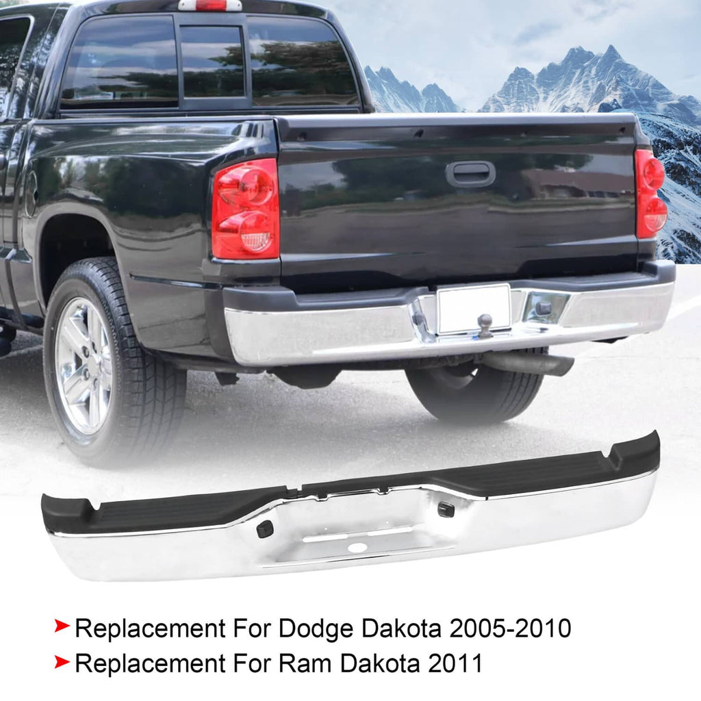 Chrome steel rear step bumper assembly with black insert installed on pickup
