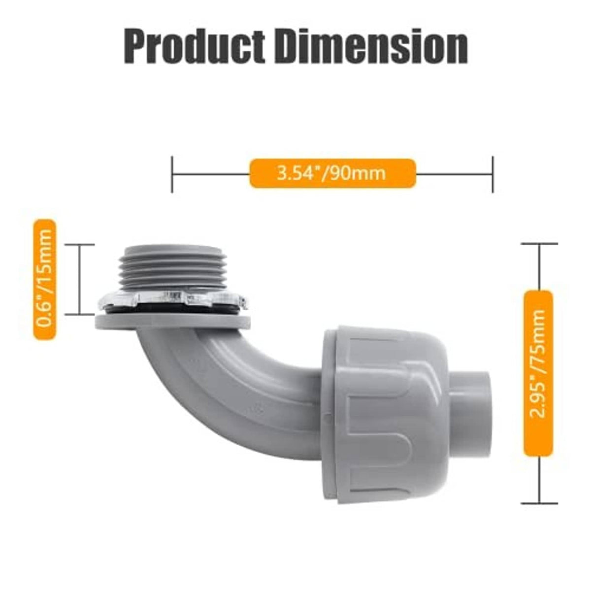Gray 90-degree conduit elbow connector fitting with threaded ends, dimension view