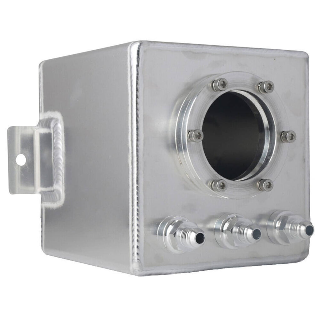 Aluminum fuel surge tank with large circular inlet flange and three AN-style outlet ports