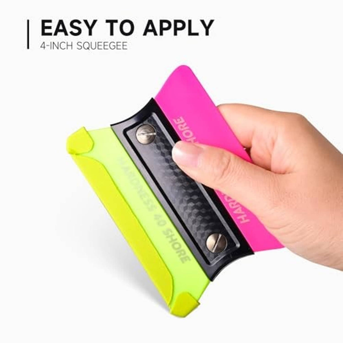 Neon green and pink handheld applicator applying pre-cut squeegee felt strip