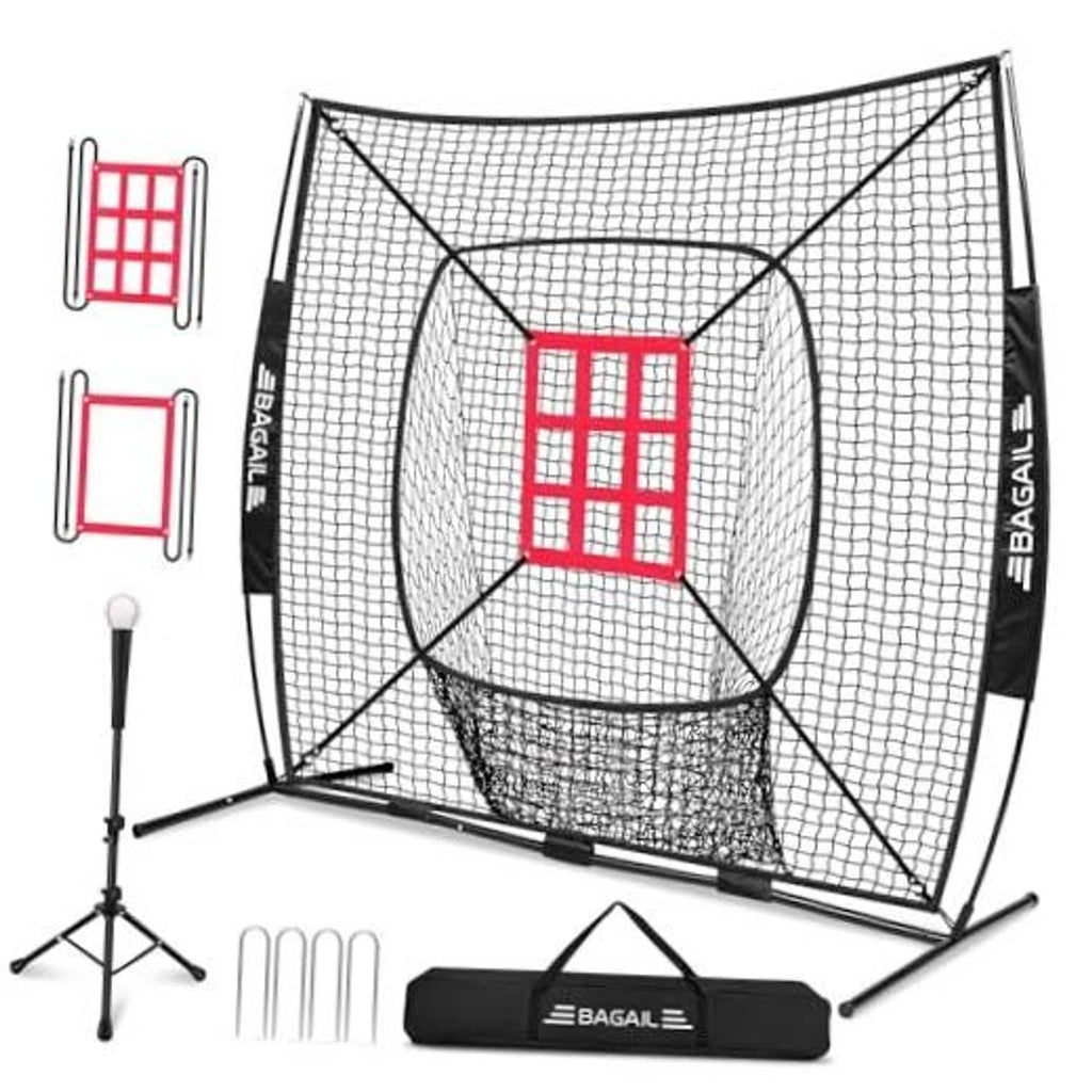 Baseball training net with batting tee and red strike-zone target panels
