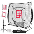 Baseball training net with batting tee and red strike-zone target panels