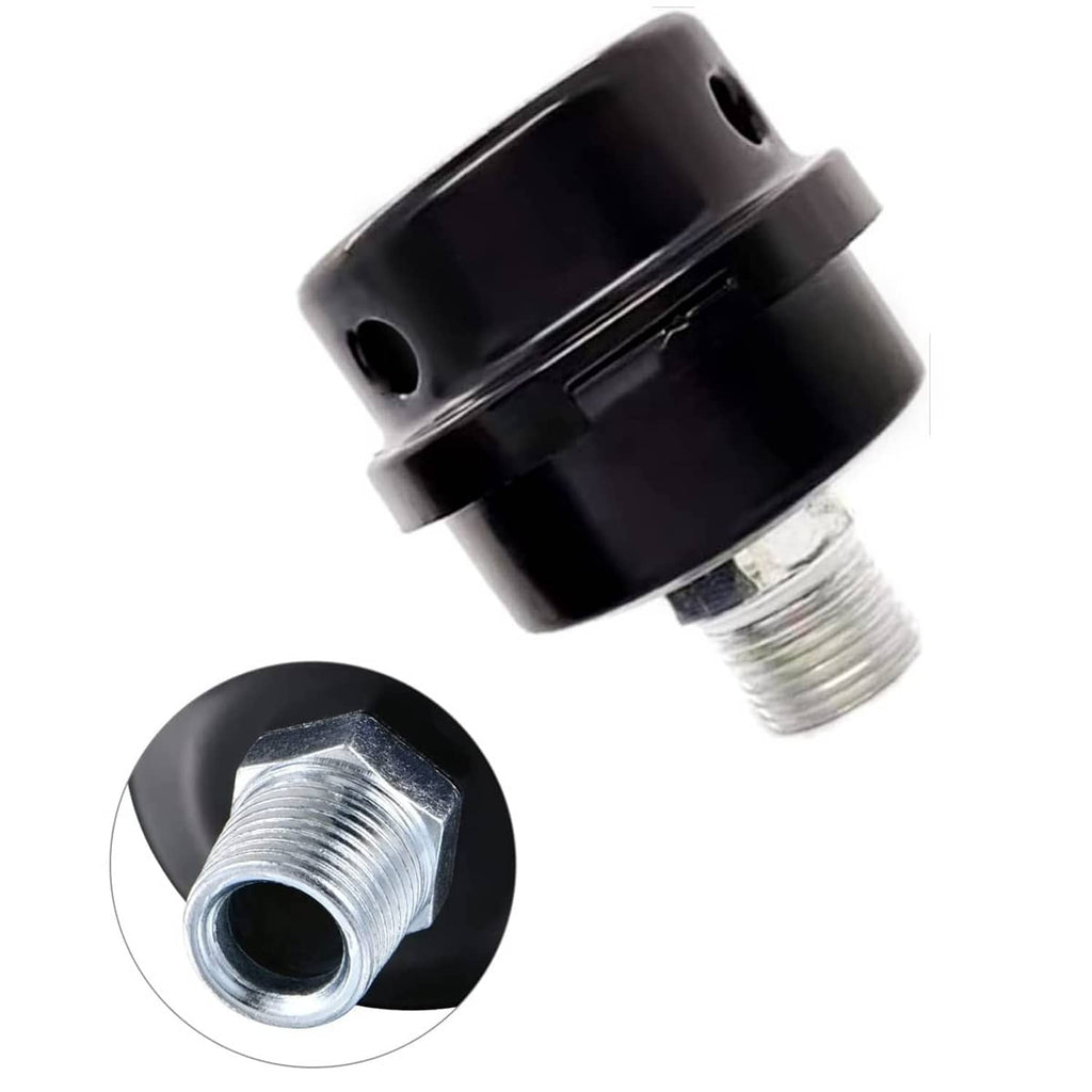 Air compressor muffler filter, black body with 1/2in male thread and yellow insert