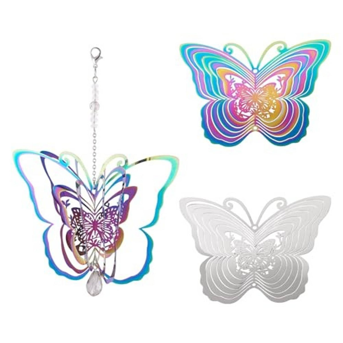 Two butterfly filigree hanging pendants with colorful and white layered wings