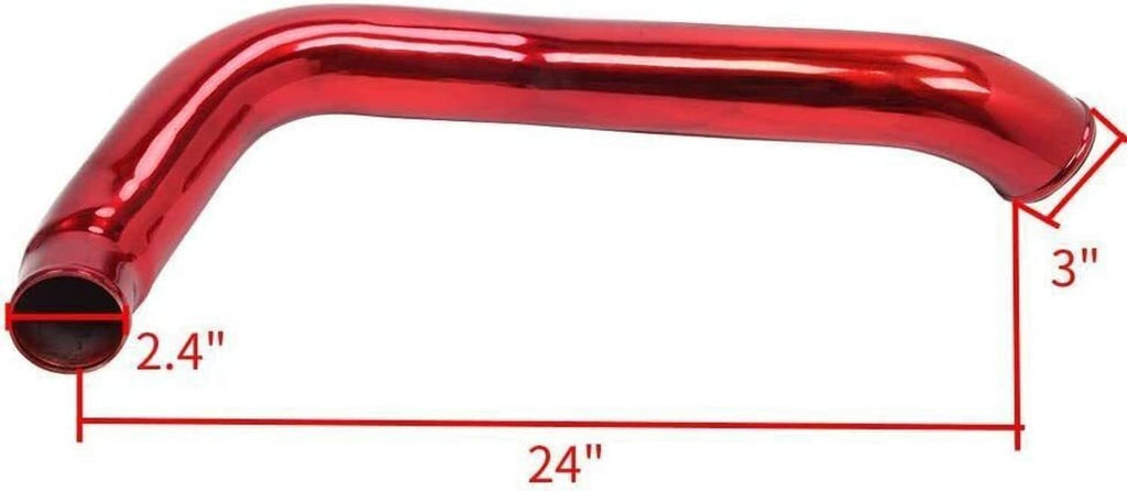 Red metal intercooler pipe with curved elbow end, 24 in length