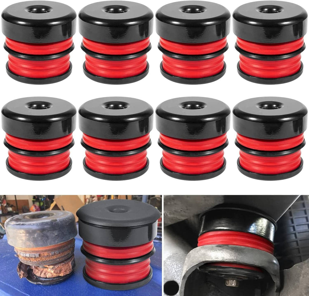 Silicone body mount bushing kit with black cups and red rings, set of multiple