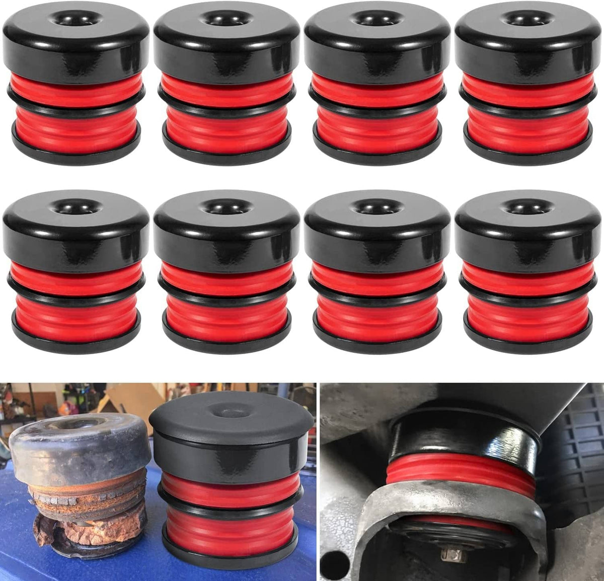 Silicone body mount bushing kit with black cups and red rings, set of multiple