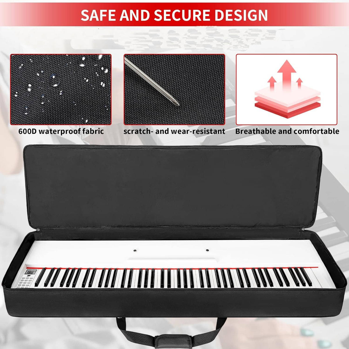 Black padded 88-key keyboard case opened to reveal keyboard inside, protective design