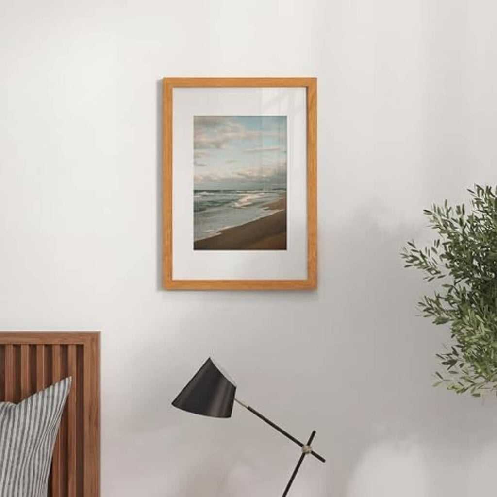 Teak wood A3 picture frame with white mat, portrait orientation for wall display
