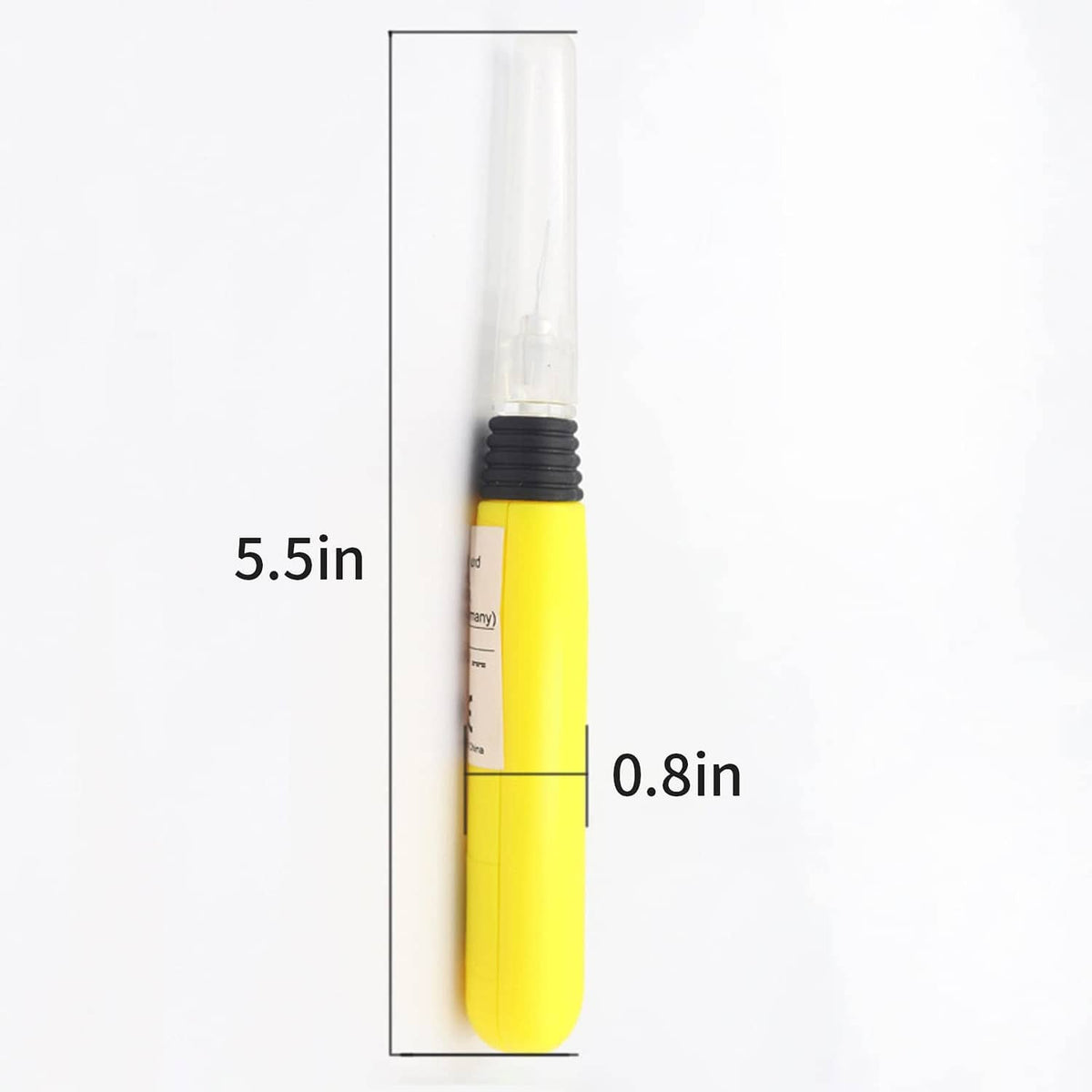 Yellow LED needle threader, clear light tip, shown with size markings