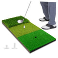 Tri-turf golf practice mat with ball on green surface and tee markers