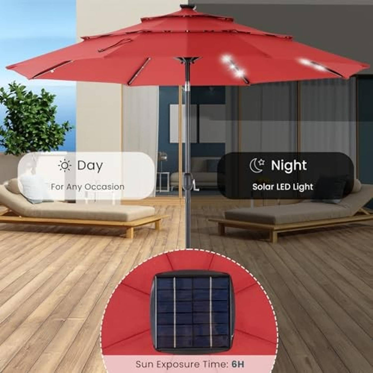 Crimson 3-tier patio umbrella with built-in solar LED light panel on the pole