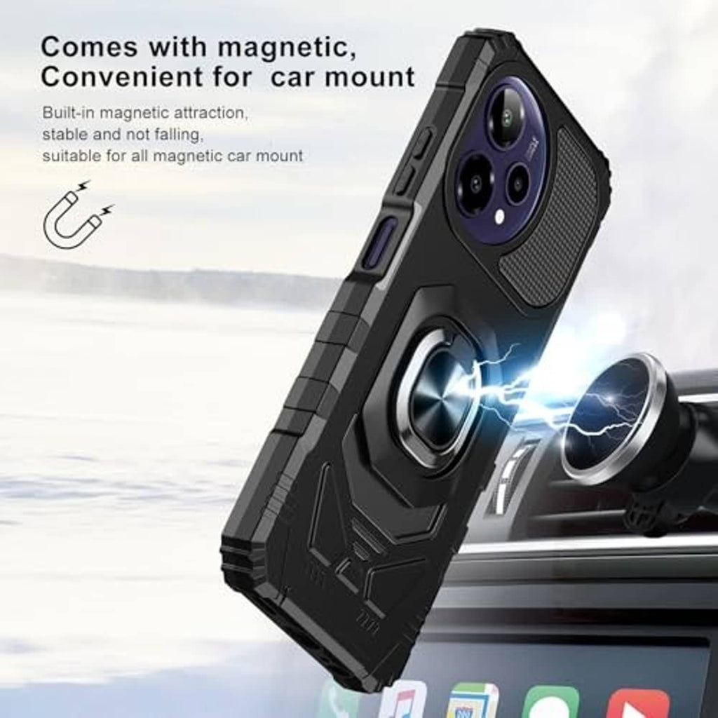 Rugged black phone case with ring kickstand and magnetic connector for car mounting