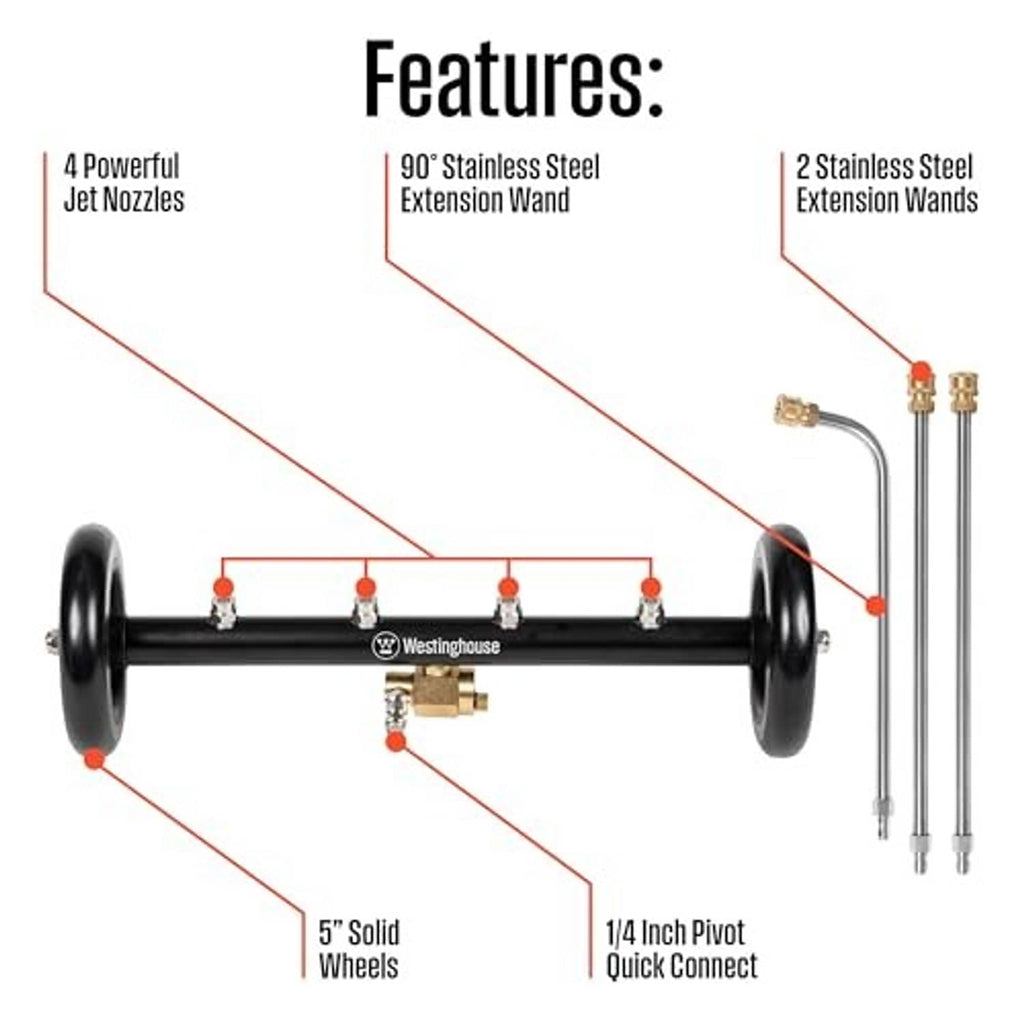 Undercarriage pressure washer cleaner bar with wheels, pivot fitting, and extension wands