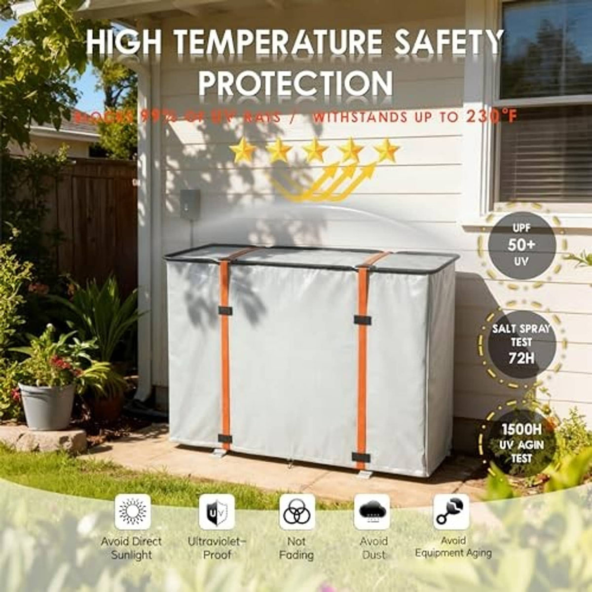 Mini split air conditioner cover with light gray body, orange center straps, and black trim