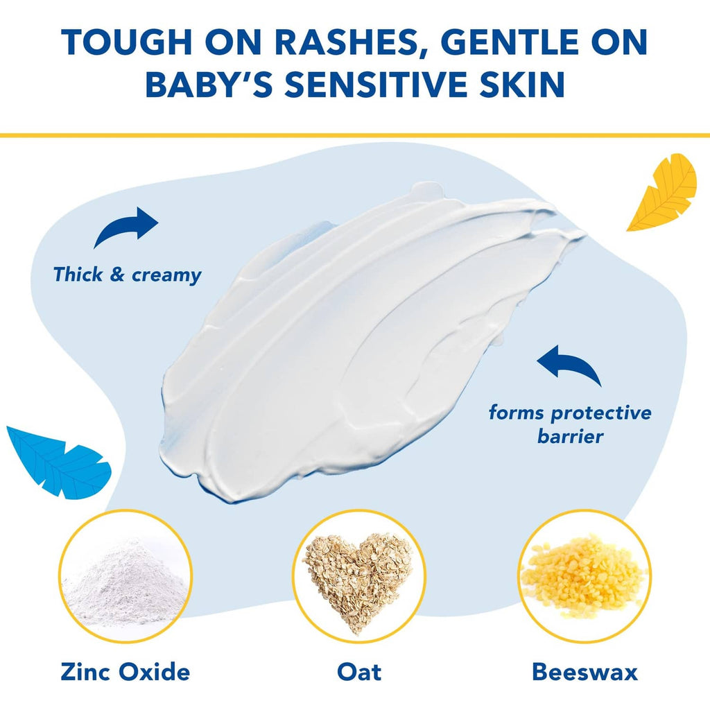 Thick white diaper cream swatch with zinc oxide, oat, and beeswax icons