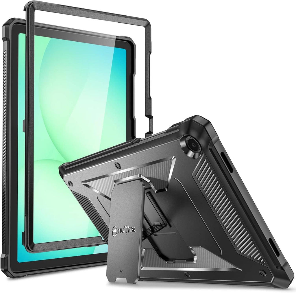 Shockproof tablet case with dark gray/black armor shell, kickstand, and camera cutout