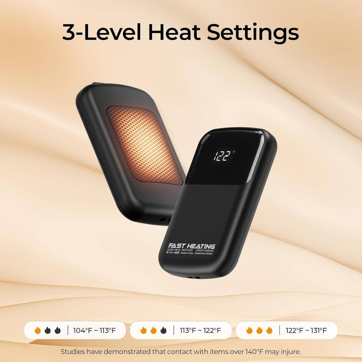 Rechargeable hand warmers with orange heat window and LCD temperature reading