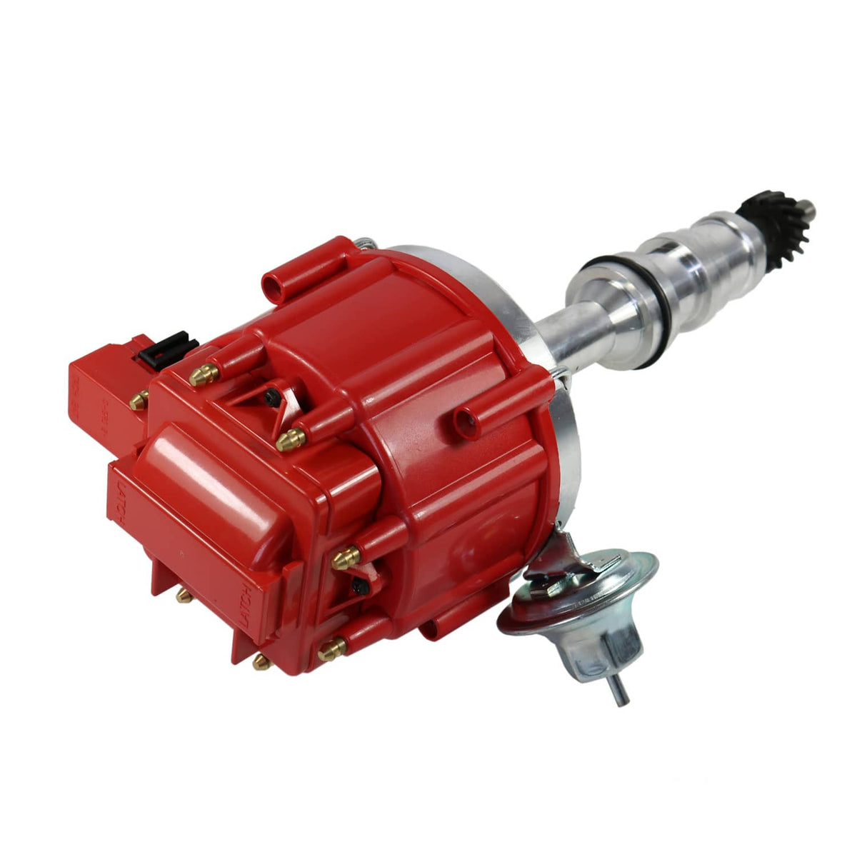 Red ignition distributor with chrome drive shaft, round base plate, and vacuum mount