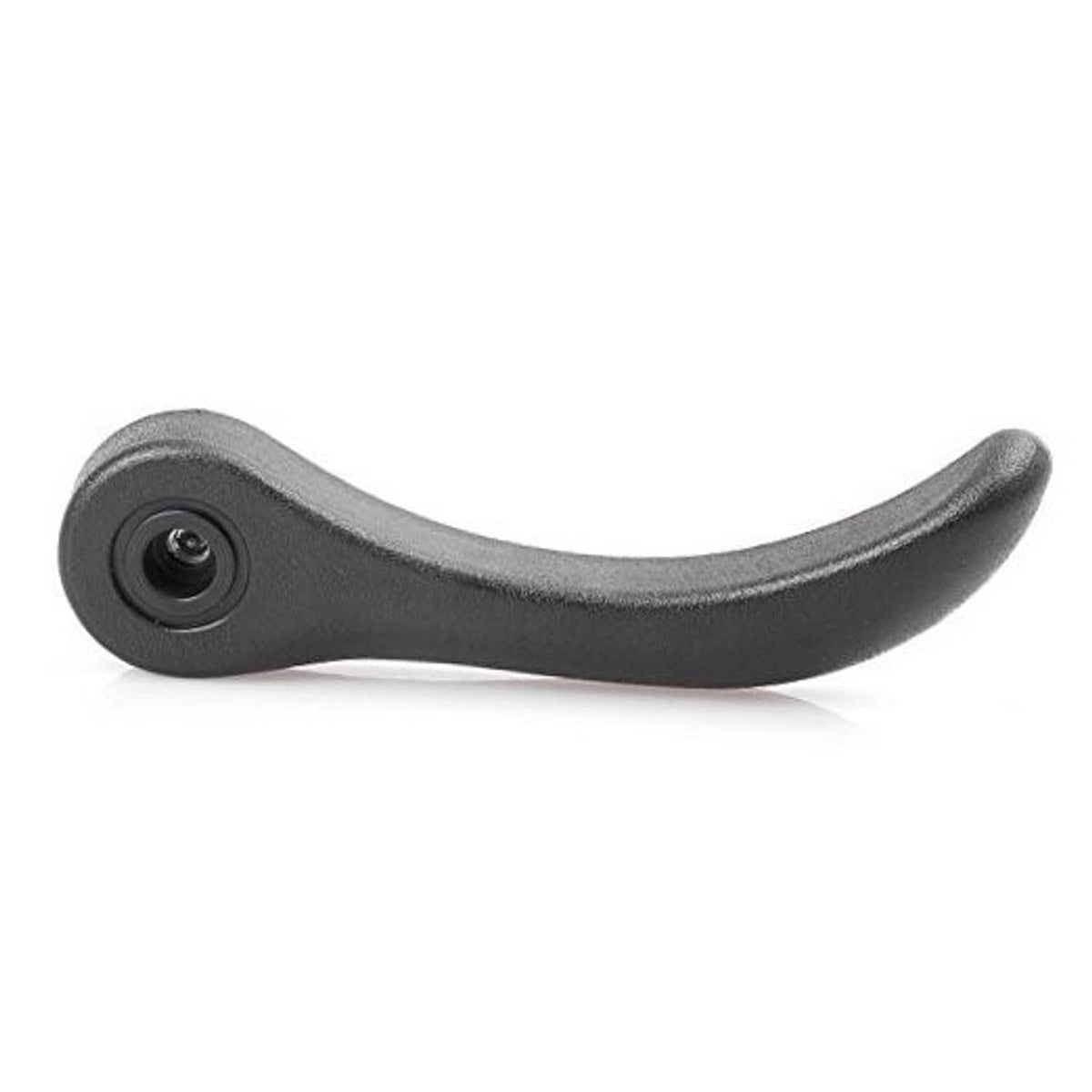 Gray recliner adjustment handle with round screw base, driver-side front seat