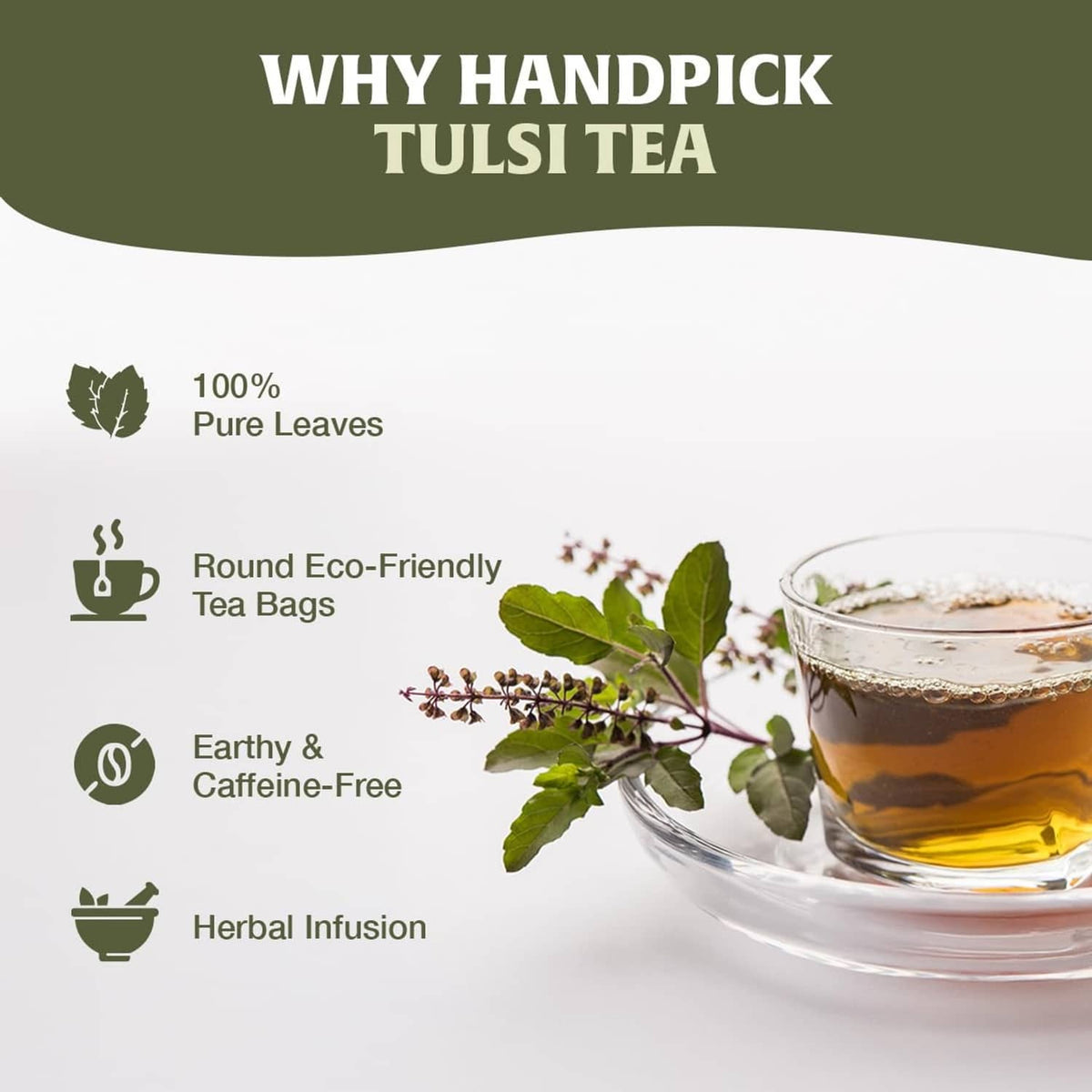 Tulsi tea herbal infusion with eco-friendly tea bags, 100% pure leaves, cup of tea