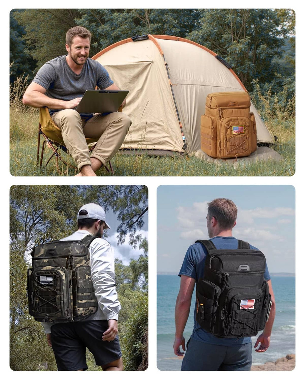 Black tactical cooler backpack with front panel organizer and side storage pocket