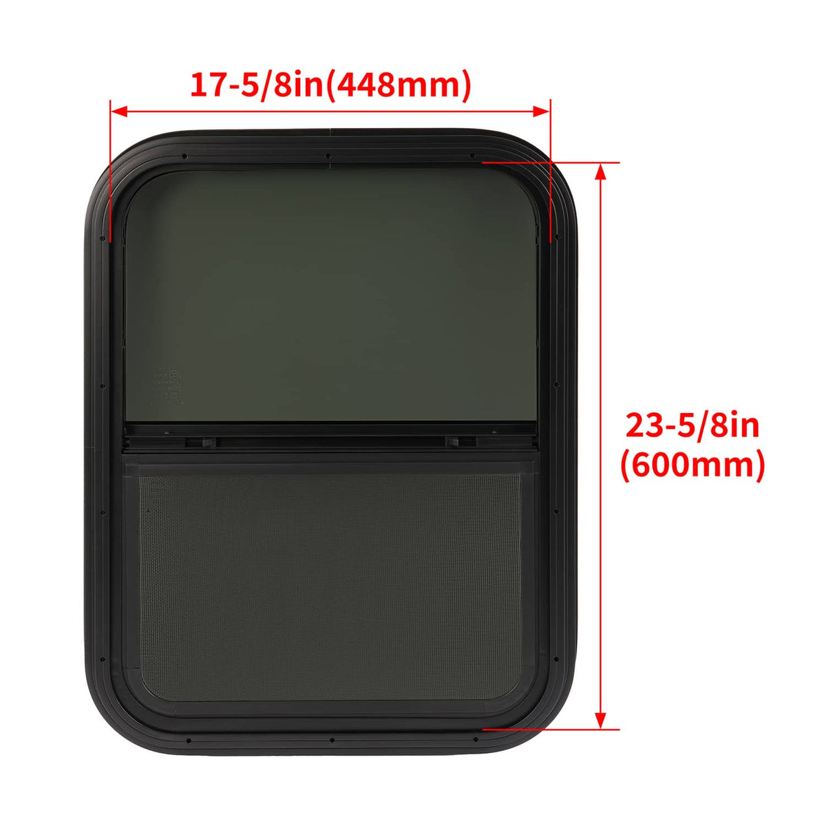 RV vertical slider window frame with dark tinted glass and screen, black, close-up.