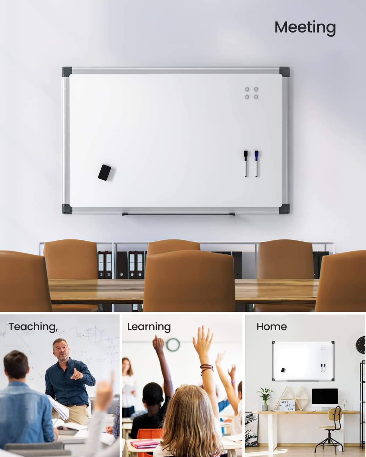 Wall-mounted magnetic dry erase board with markers and small magnets