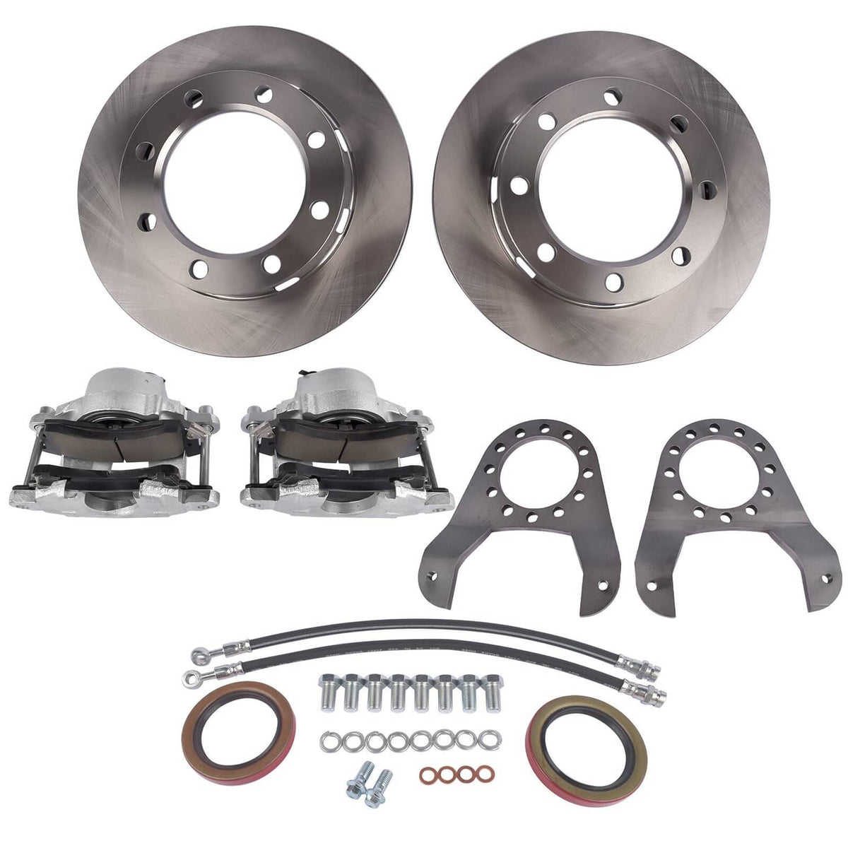 Disc brake conversion kit set: two vented rotors, two calipers, brackets, and brake line hardware