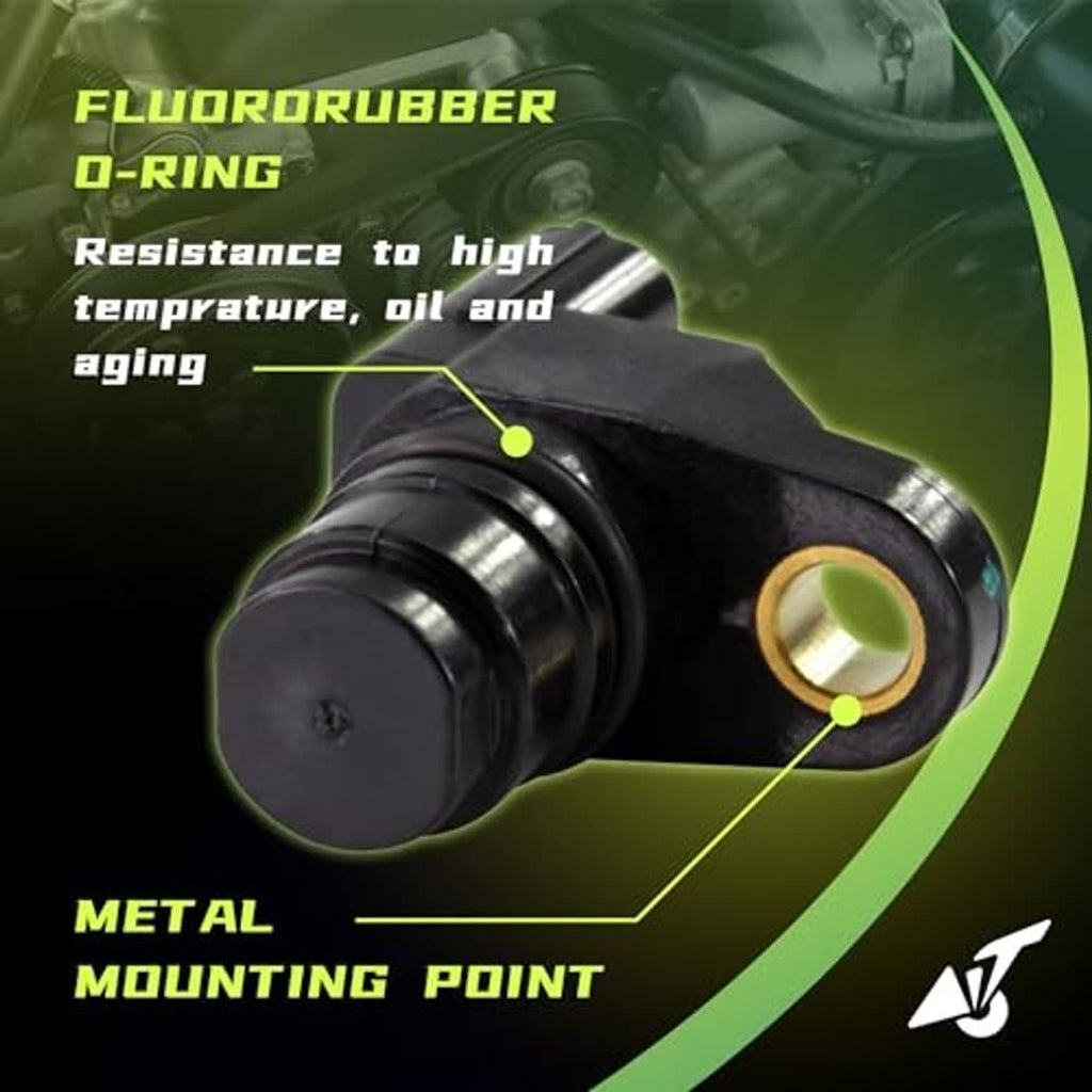 Camshaft position sensor with gold-ring contact, black O-ring seal, and metal mounting point