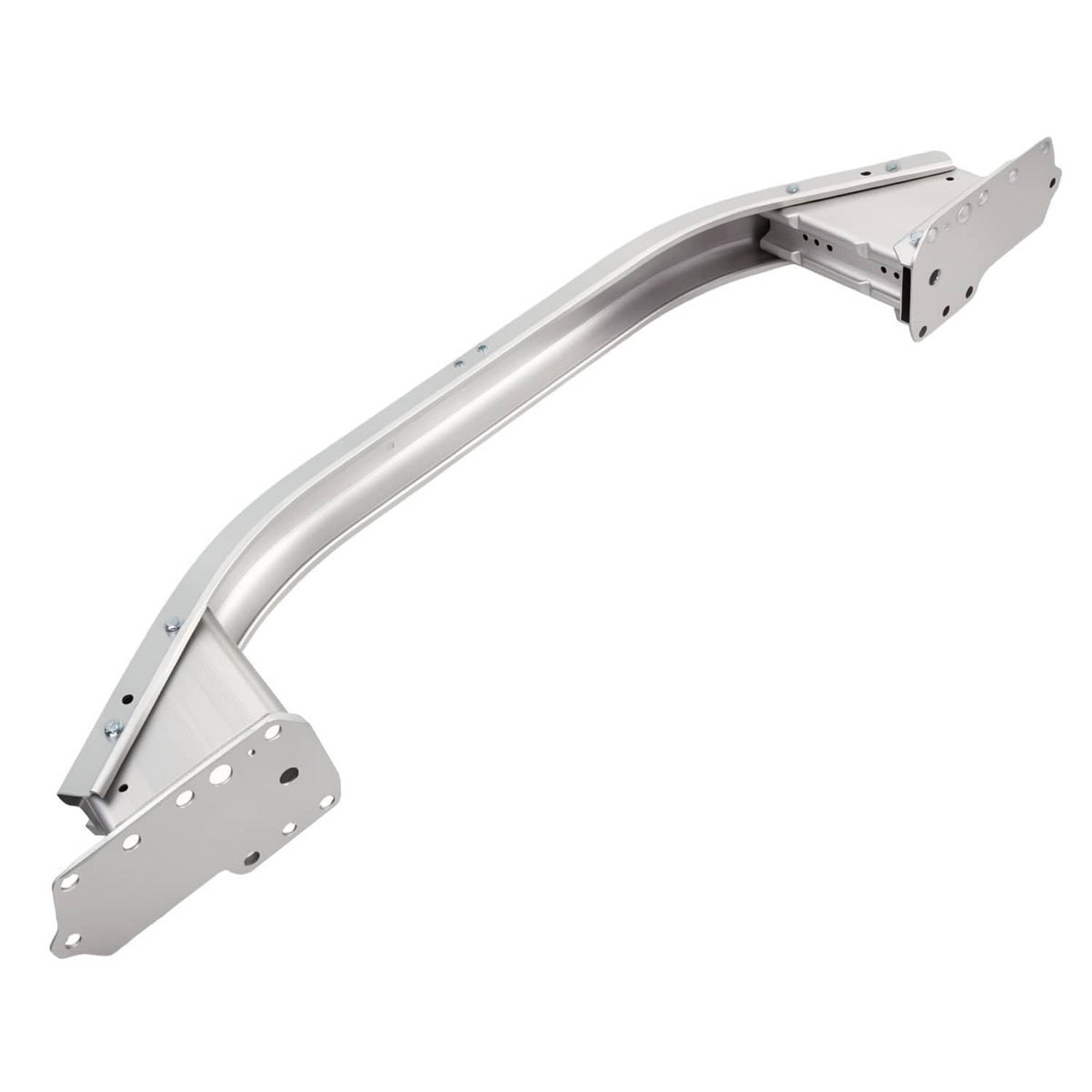 Front bumper reinforcement beam, curved silver metal with side mounting plate brackets