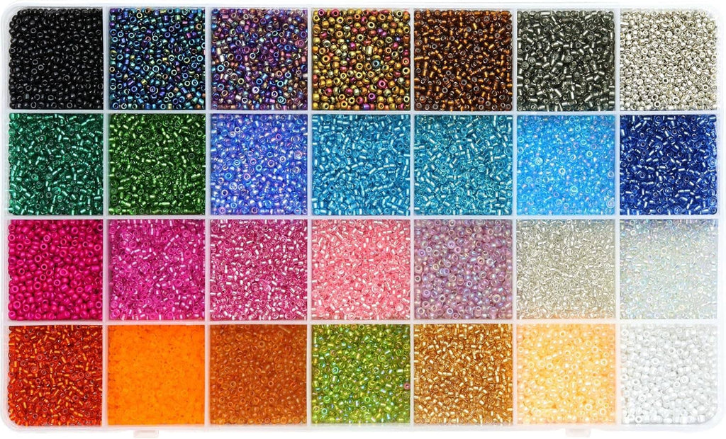 Assorted 2mm glass seed beads in a grid tray, bright colors from green to magenta