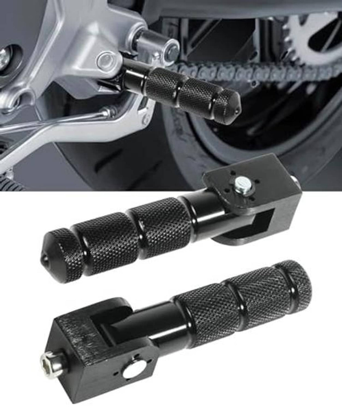 Motorcycle foot pegs pair in angled view with textured grips and black aluminum mounts