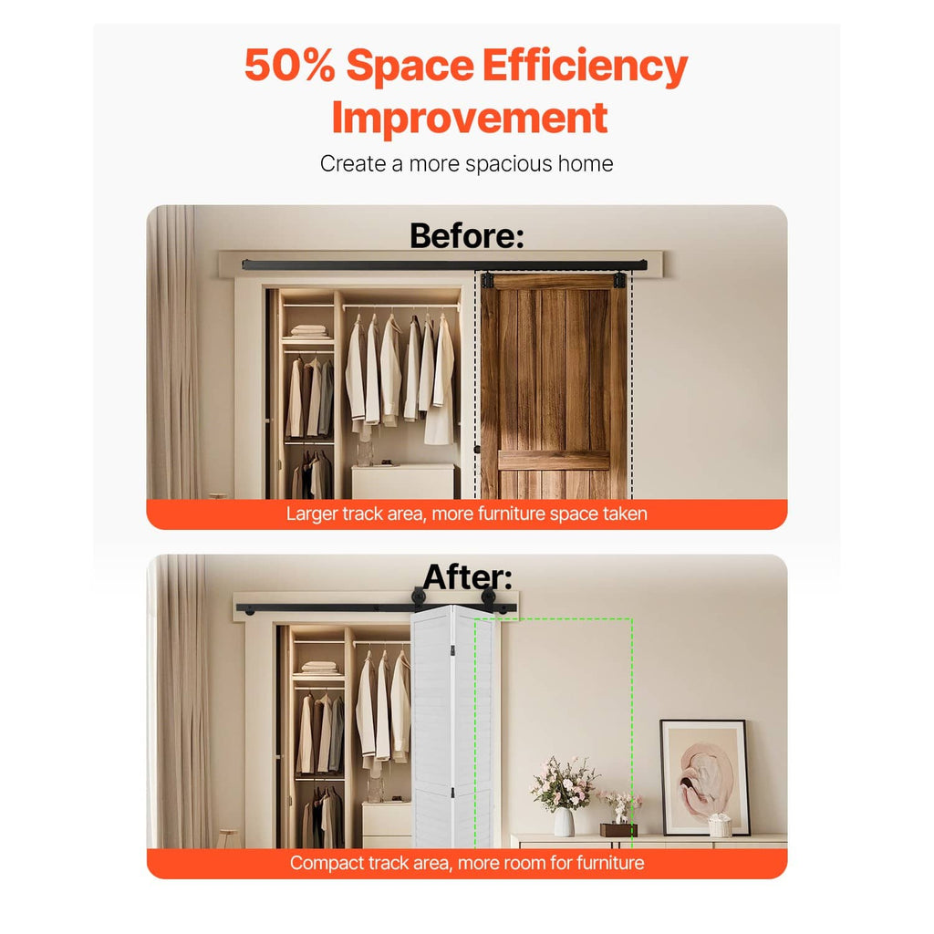 Folding barn door track system above two-door opening with white door panels