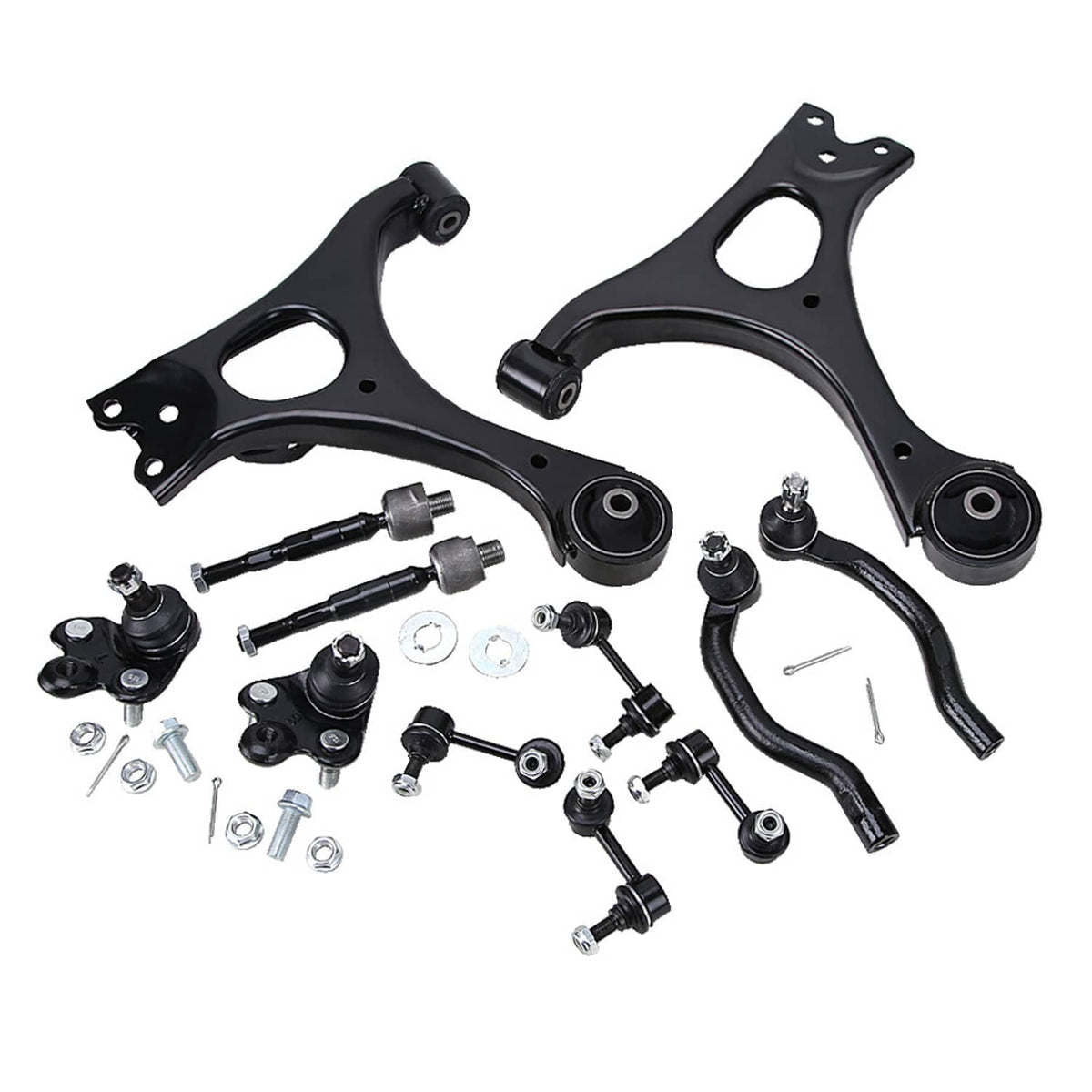 Front suspension lower control arm kit with black control arms and hardware pieces