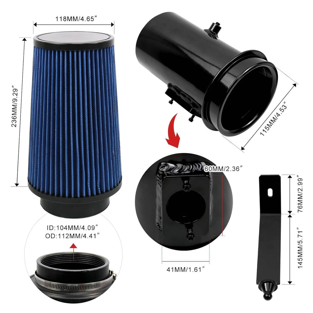 Cold air intake filter assembly with blue pleated element and black housing, size markings