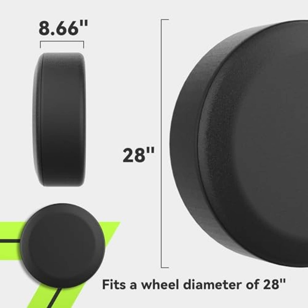 Black round spare tire cover shown with sizing layout